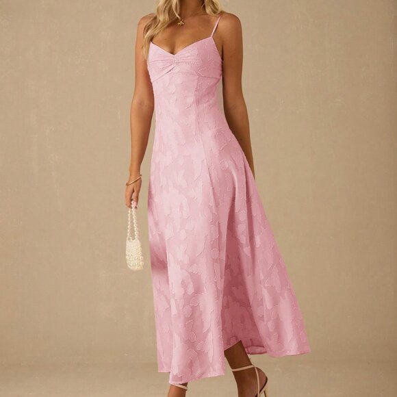 Coral Pink Elegant Women's Pleated Bust Textured Open Back Camisole Dress - Picture 4 of 6